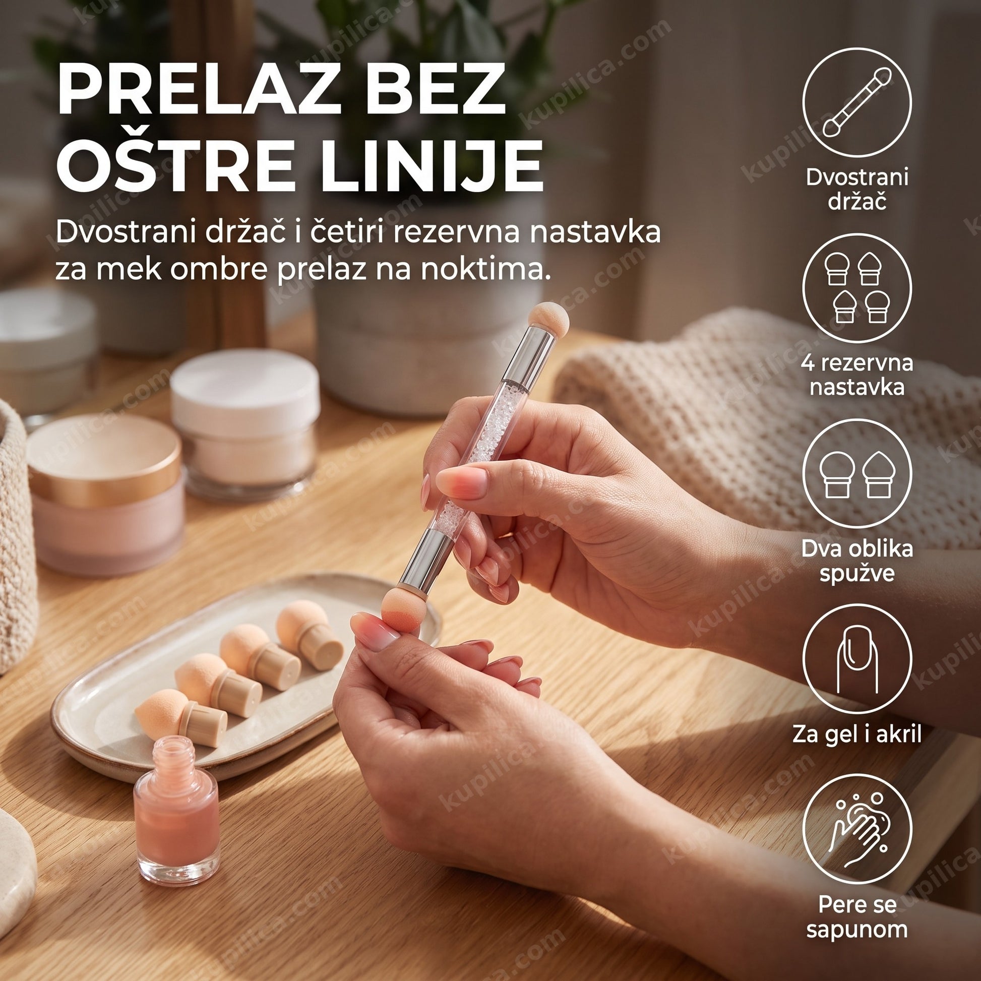 set četkica za ombre nokte — žena pravi ombre prelaz na noktima tapkanjem, dvostrani držač i rezervni nastavci