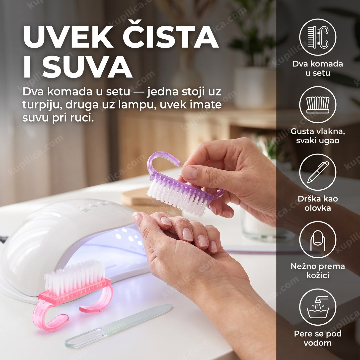 četkica za prašinu za nokte set — žena čisti prah sa nokta jednom od dve četkice iz seta, dva komada u setu, nežno prema kožici