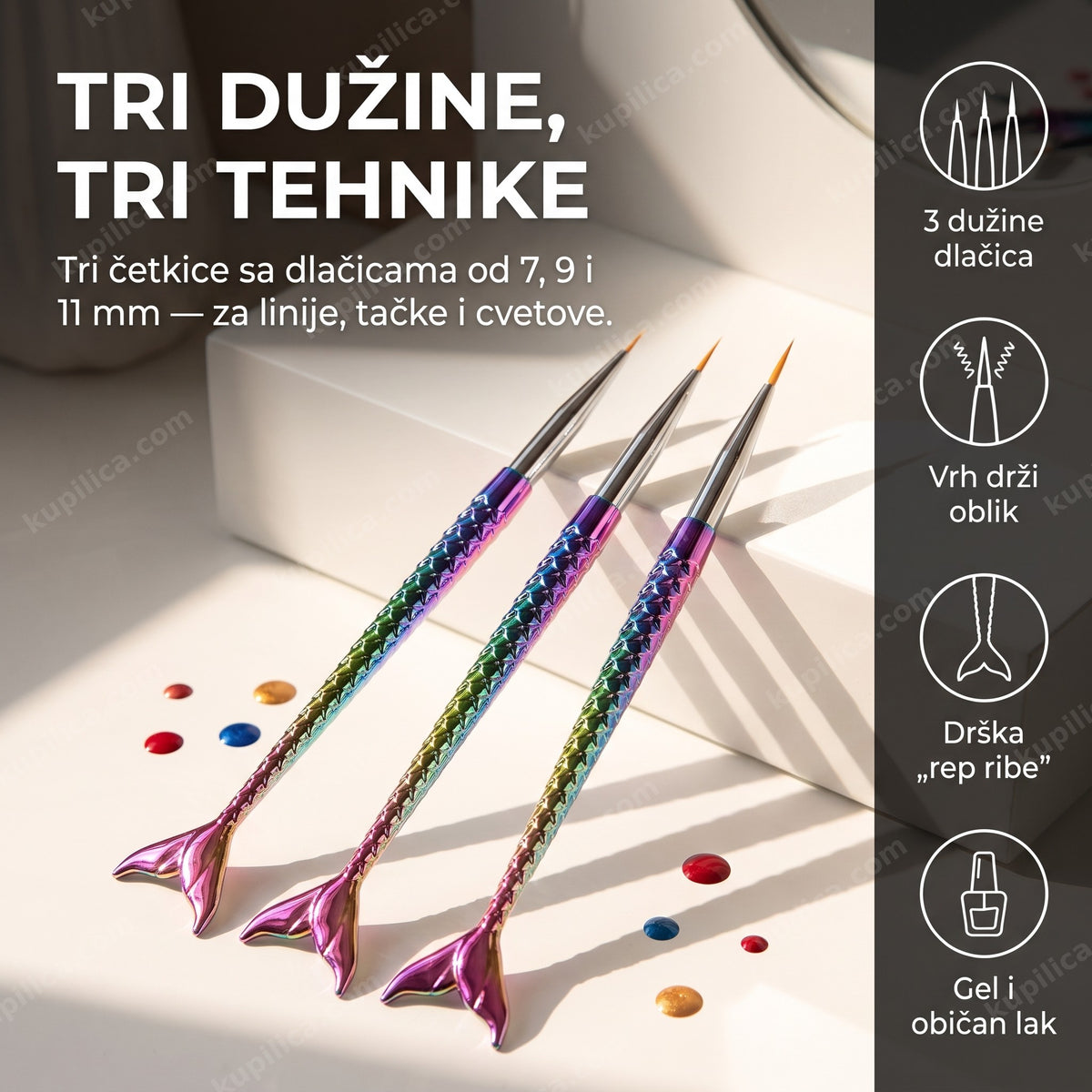 set od tri četkice za nail art 7, 9 i 11 mm na mermernom stočiću pored lakova