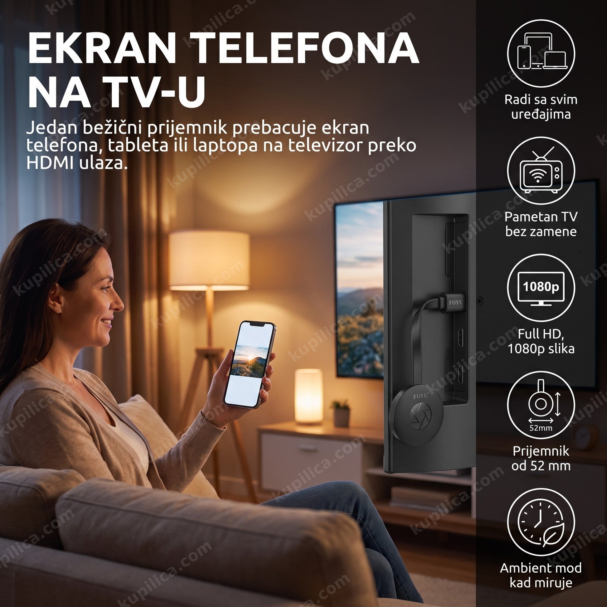 chromecast hdmi adapter — žena prebacuje fotografiju sa telefona na televizor bežičnim prijemnikom, radi sa svim uređajima, full hd slika, ambient mod kad miruje