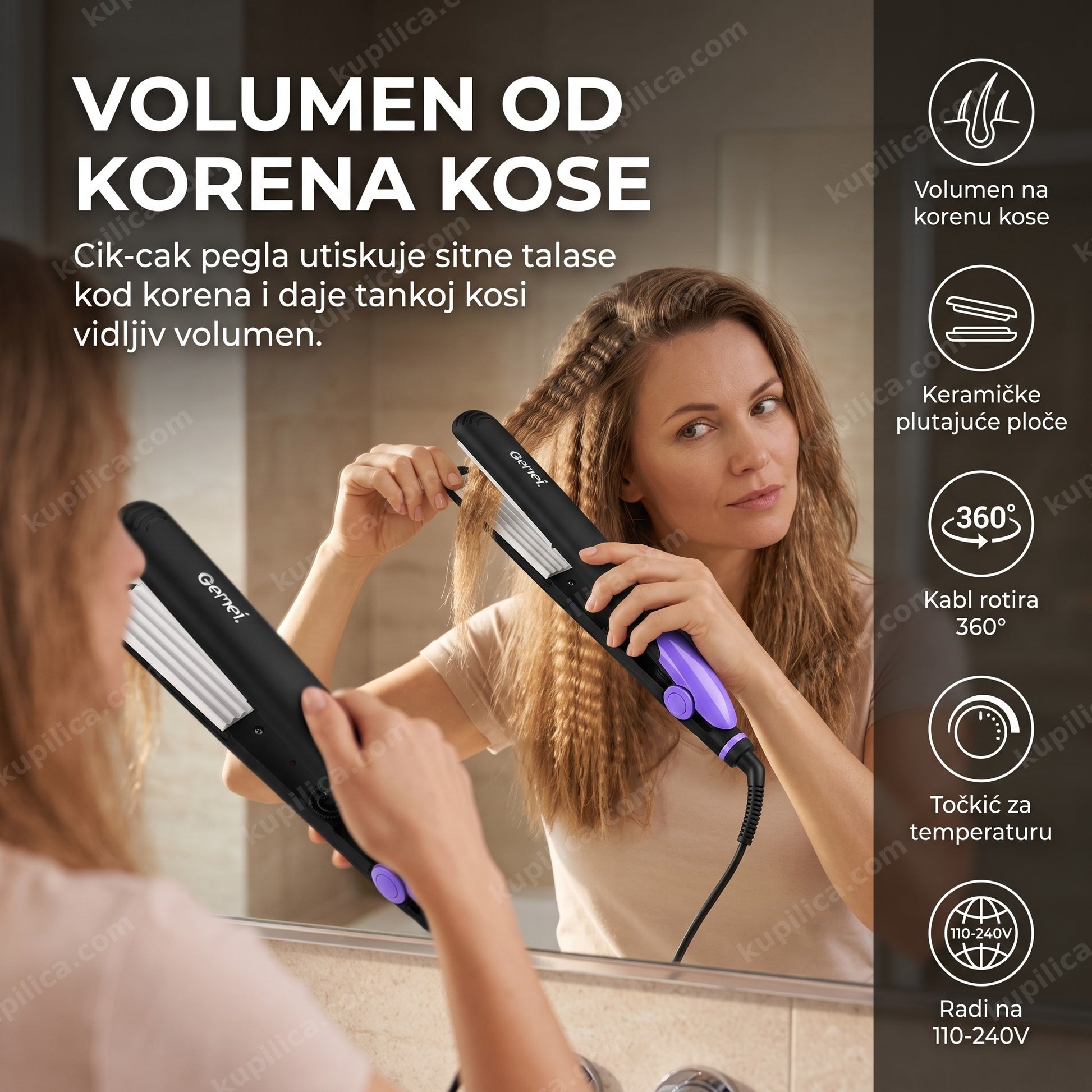 cik-cak pegla za kosu — žena pravi volumen kod korena cik-cak peglom ispred ogledala, volumen na korenu kose, keramičke plutajuće ploče, kabl rotira 360°