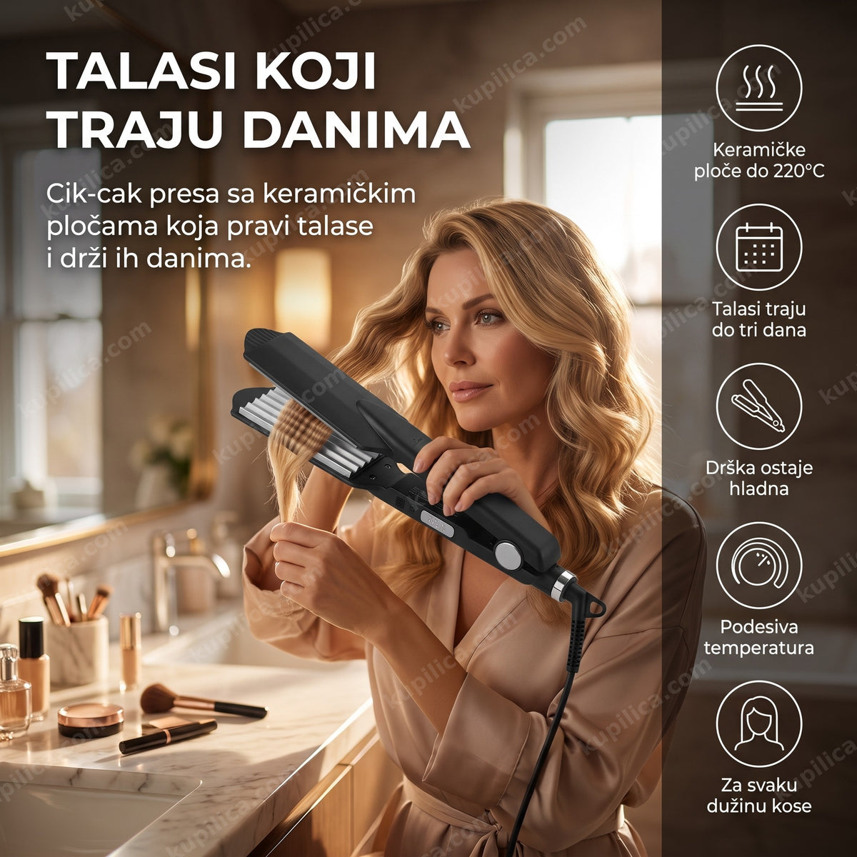 cik cak presa za kosu u upotrebi u elegantnom kupatilu, benefiti proizvoda