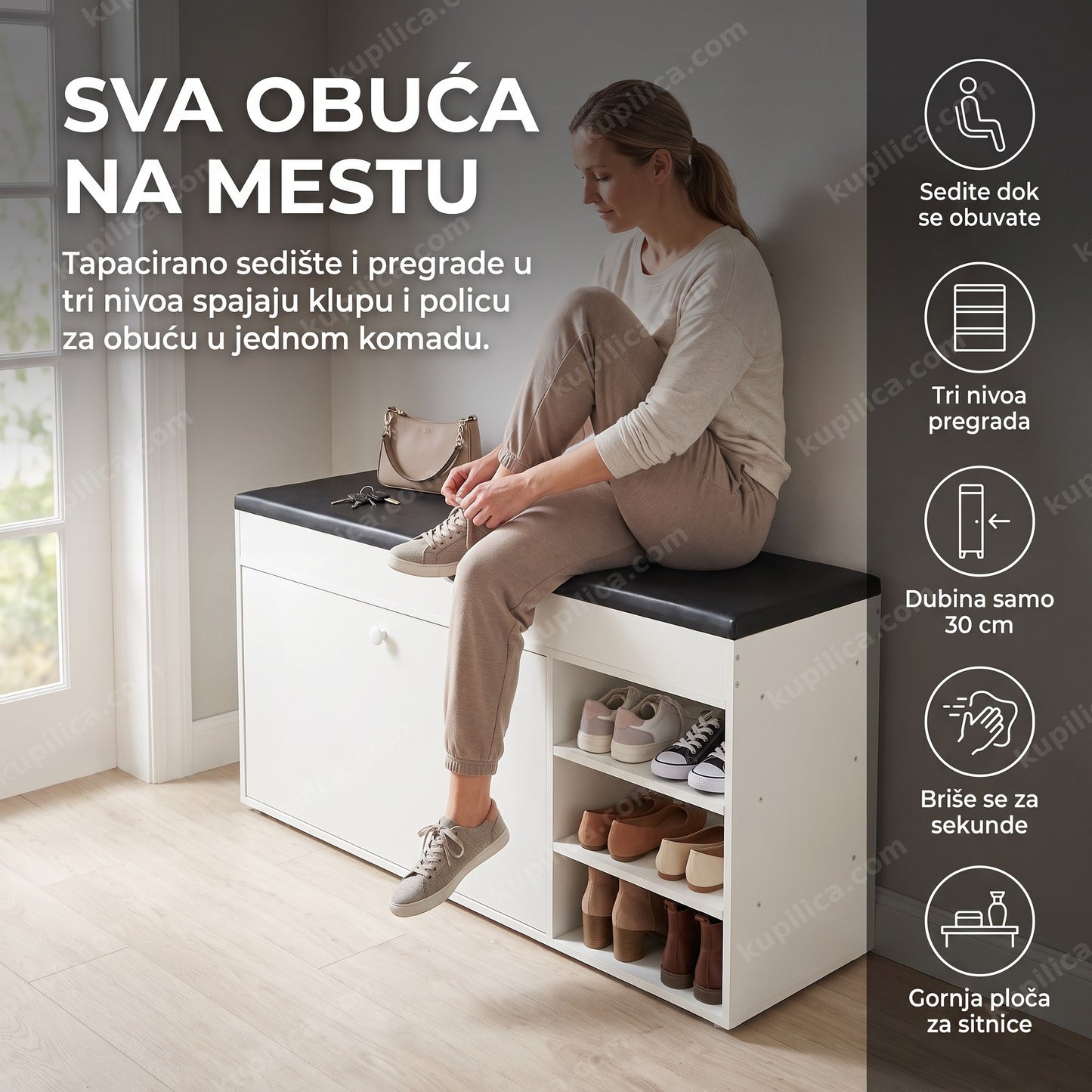 cipelarnik sa sedištem beli — žena sedi na belom cipelarniku i vezuje pertle u hodniku, tri nivoa pregrada, briše se za sekunde, gornja ploča za sitnice