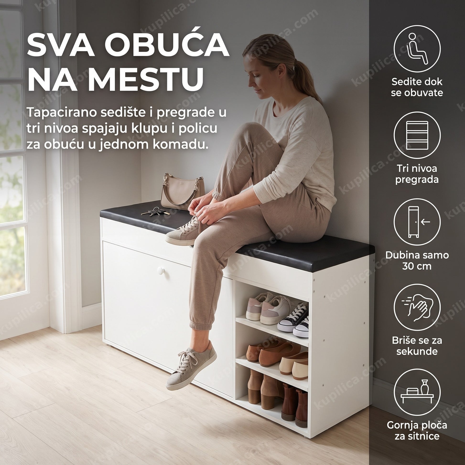 cipelarnik sa sedištem beli — žena sedi na belom cipelarniku i vezuje pertle u hodniku, tri nivoa pregrada, briše se za sekunde, gornja ploča za sitnice