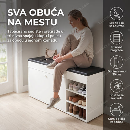 cipelarnik sa sedištem beli — žena sedi na belom cipelarniku i vezuje pertle u hodniku, tri nivoa pregrada, briše se za sekunde, gornja ploča za sitnice