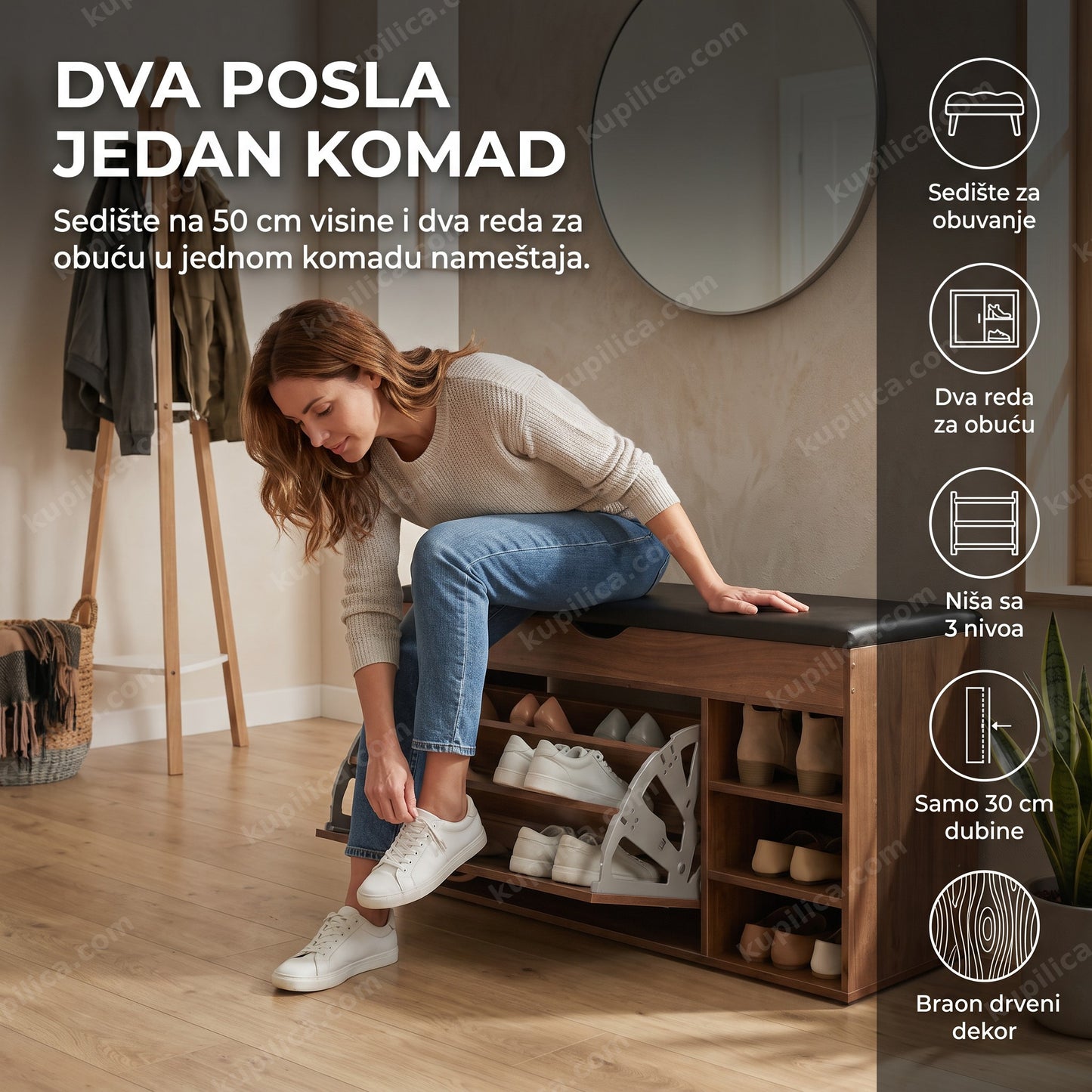 cipelarnik sa sedištem — žena sedi na klupi i obuva patike u hodniku, benefiti proizvoda