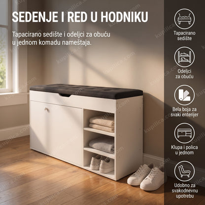 Beli cipelarnik sa tapaciranim sedištem u svetlom hodniku