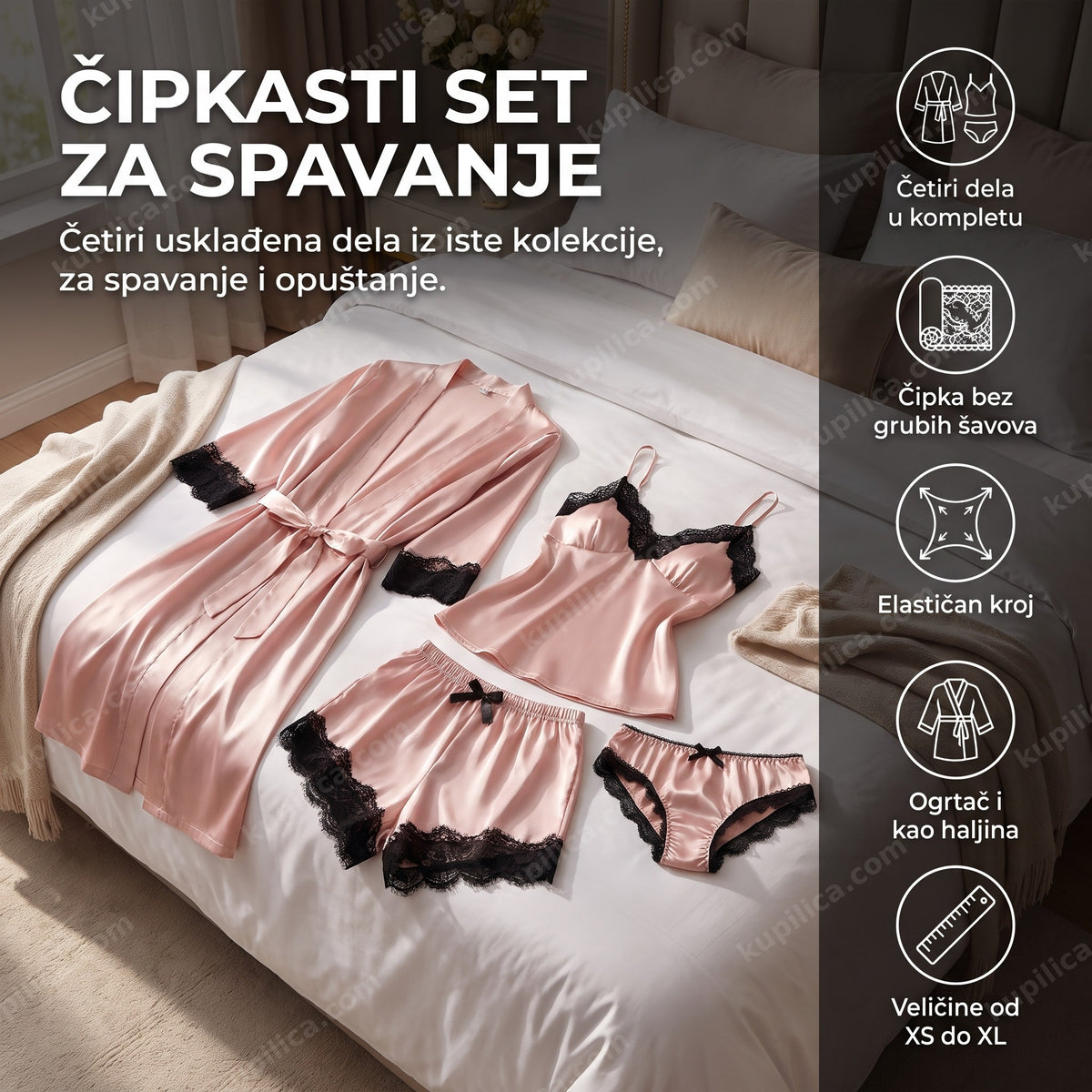 čipkasti roze set za spavanje sa ogrtačem složen na krevetu, benefiti proizvoda