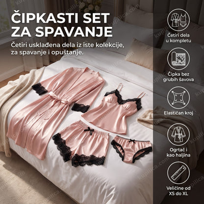 čipkasti roze set za spavanje sa ogrtačem složen na krevetu, benefiti proizvoda
