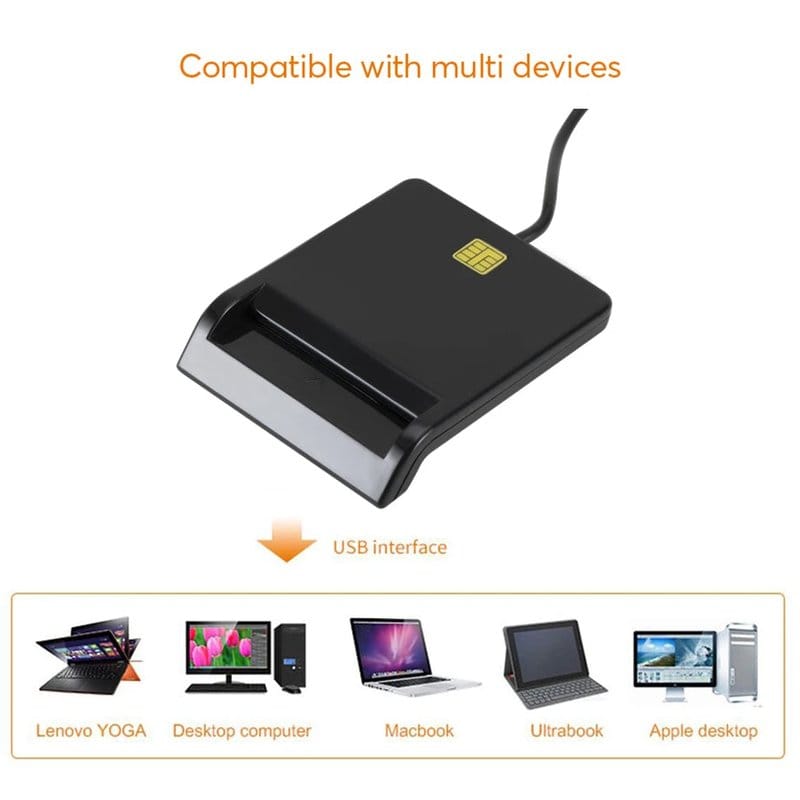 čitač kartica sa usb kablom i ikonicama laptopa, desktopa i macbooka za kompatibilnost