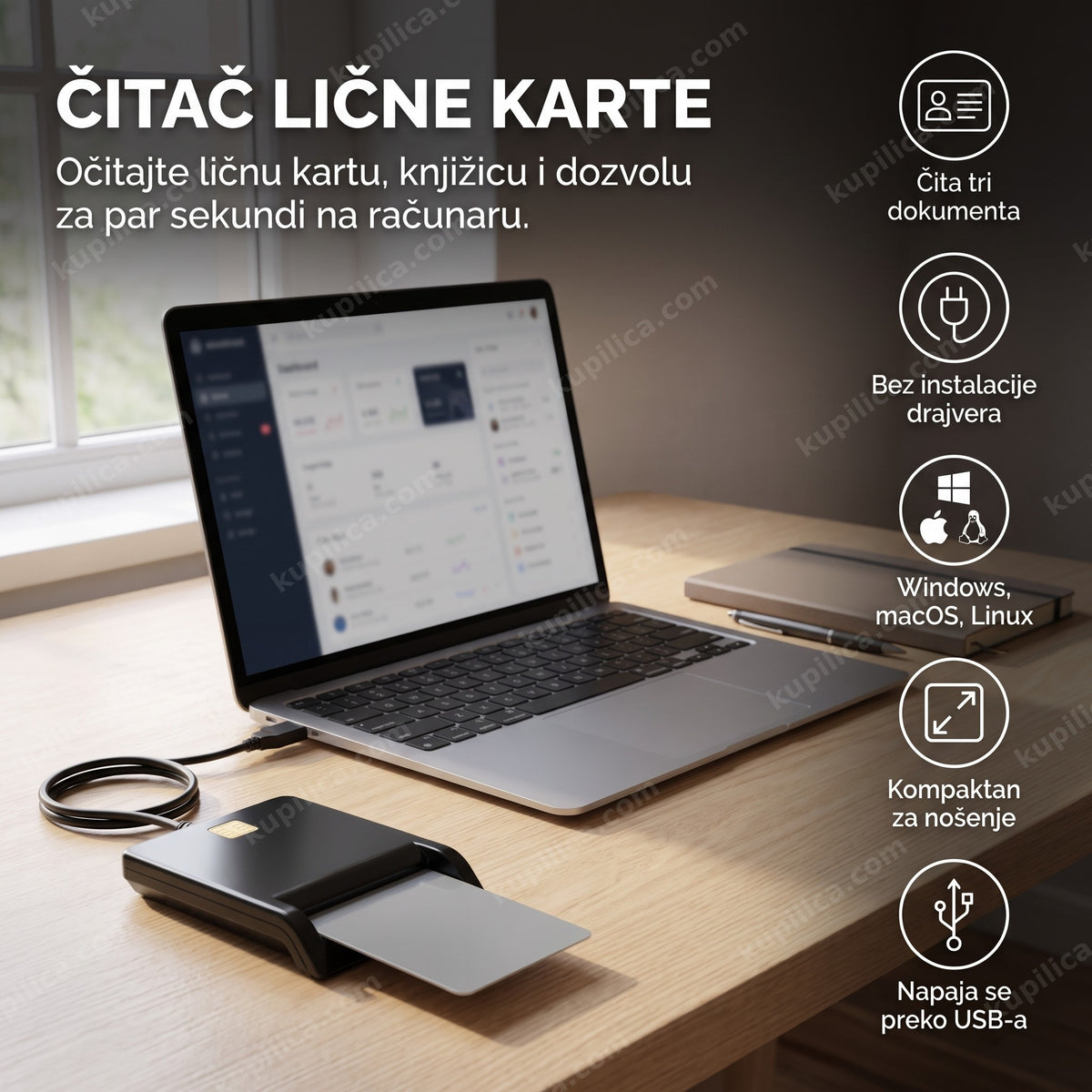 Čitač lične karte povezan na laptop na radnom stolu, benefiti proizvoda