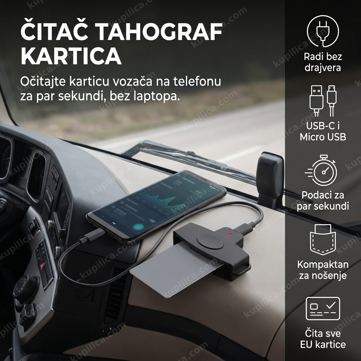 Čitač tahograf kartica povezan na telefon u kabini kamiona, benefiti proizvoda