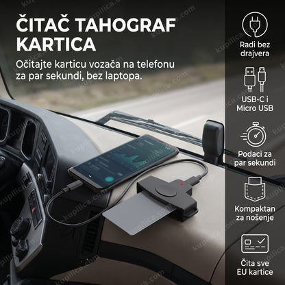 Čitač tahograf kartica povezan na telefon u kabini kamiona, benefiti proizvoda