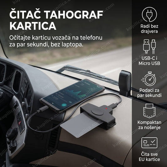 Čitač tahograf kartica povezan na telefon u kabini kamiona, benefiti proizvoda