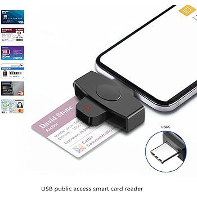 čitač kartica sa umetnutom identifikacionom karticom pored telefona i uvećanog usb-c priključka