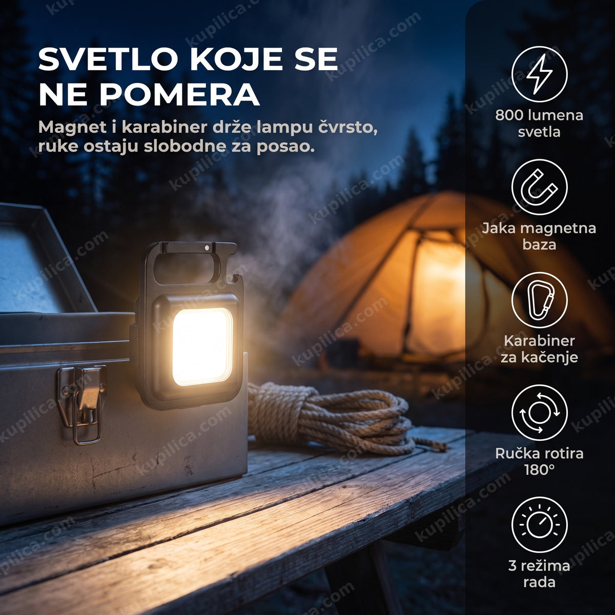 COB LED lampa sa magnetom i karabinerom — lampa pričvršćena magnetom na alatnu kutiju pored kamp šatora
