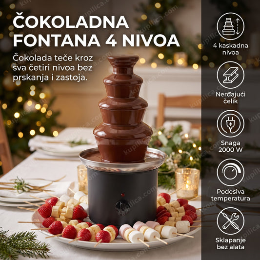 Čokoladna fontana sa četiri nivoa na svečanom stolu, voće za umakanje