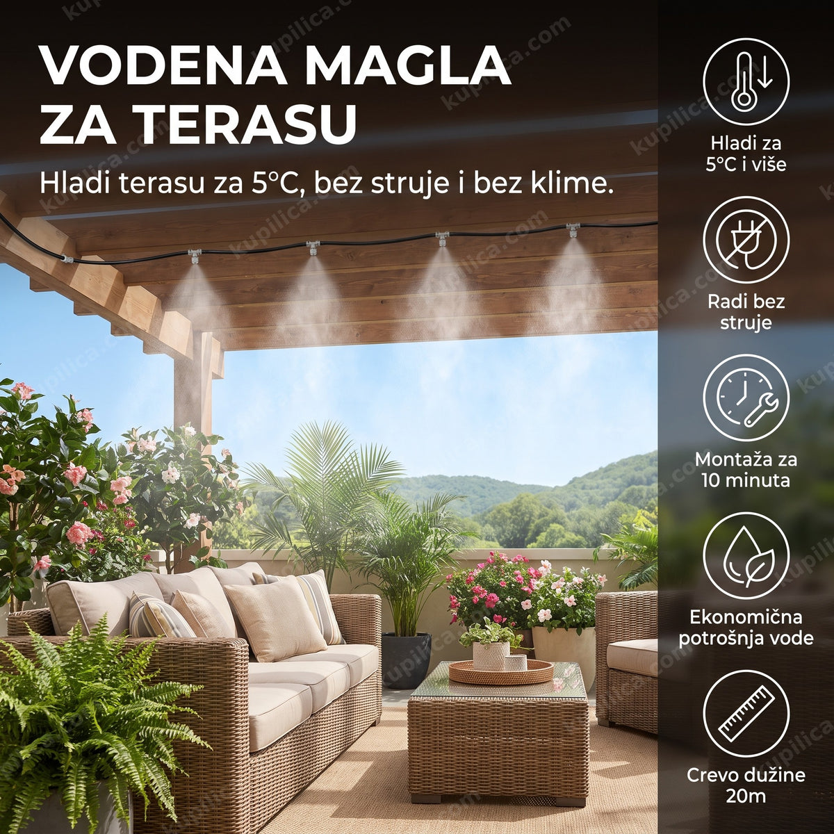 Crevo sa raspršivačem stvara vodenu maglu koja hladi terasu sa biljkama