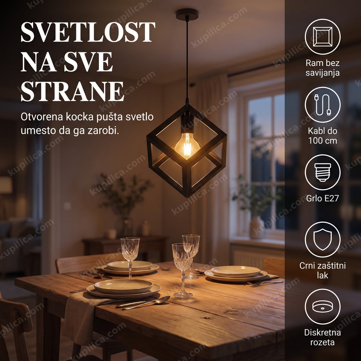 Crna kockasta visilica sa otvorenim ramom osvetljava trpezarijski sto
