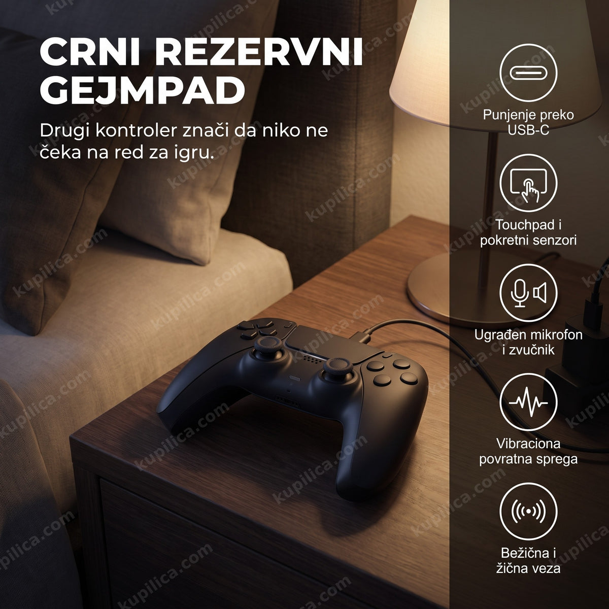 Crni rezervni gejmpad za ps5 puni se na noćnom stočiću