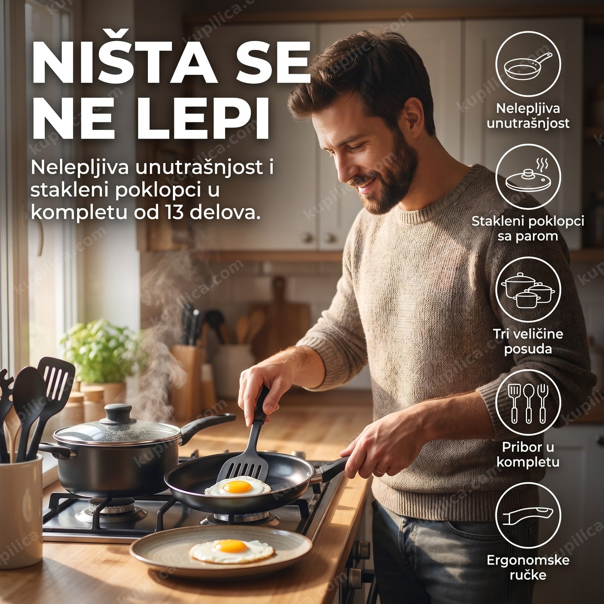 crni set posuđa 13 delova — muškarac prebacuje jaje iz tiganja na tanjir u kuhinji, benefiti proizvoda
