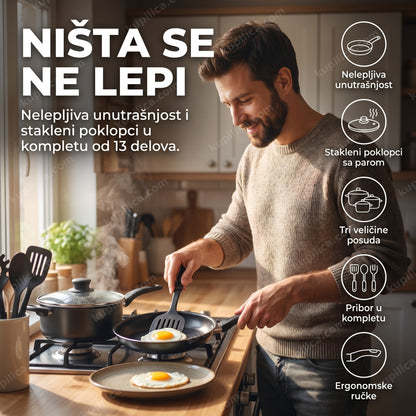 crni set posuđa 13 delova — muškarac prebacuje jaje iz tiganja na tanjir u kuhinji, benefiti proizvoda