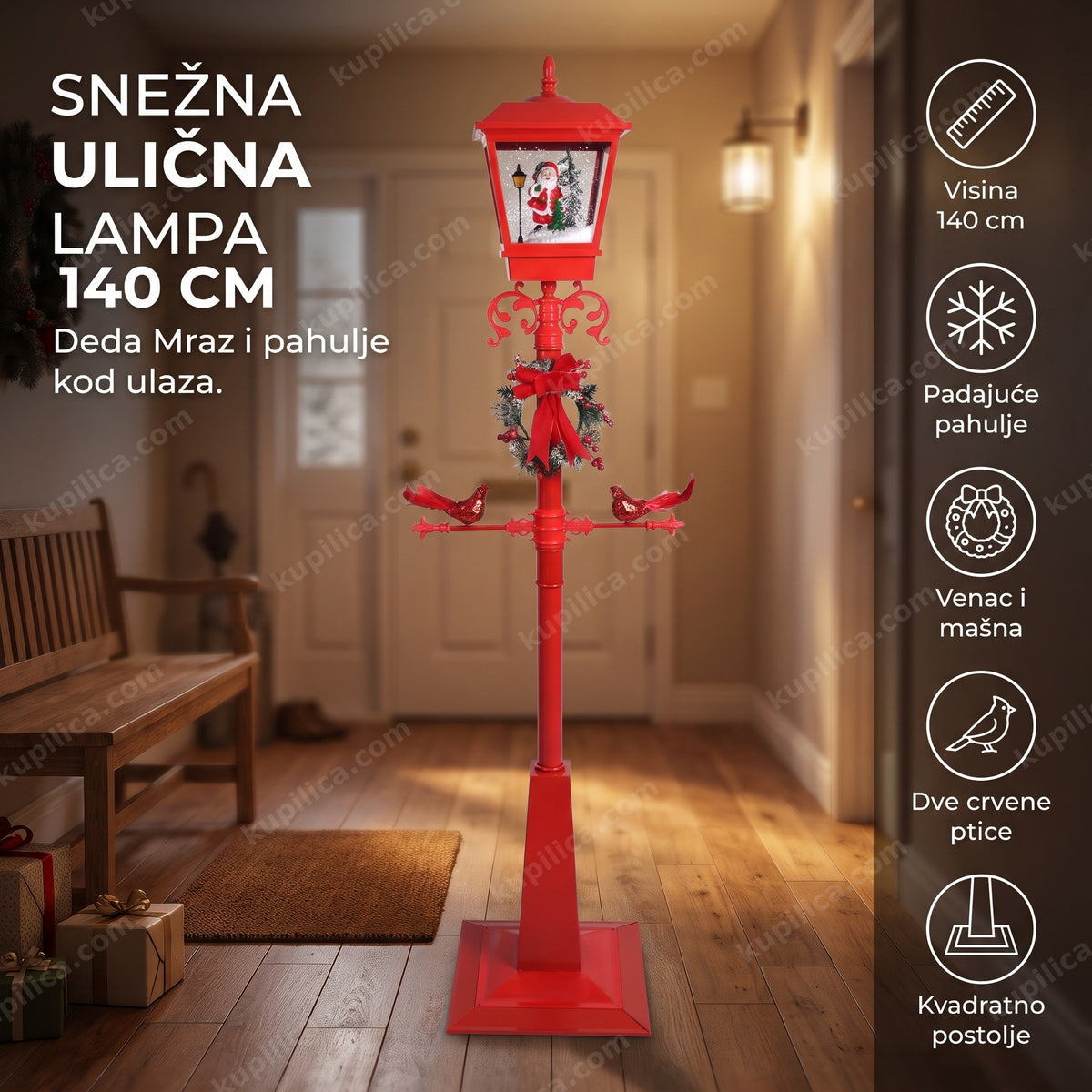crvena snežna lampa sa deda mrazom 140 cm u ulaznom holu