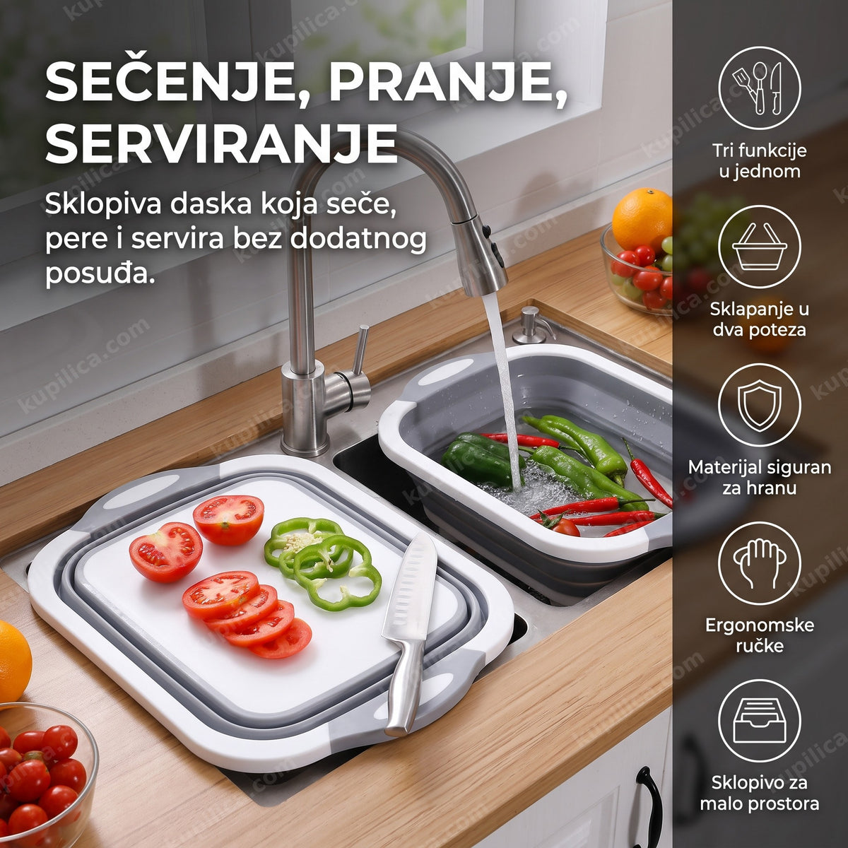 Daska za sečenje 3u1 sa isečenim povrćem i korpom za pranje, benefiti proizvoda