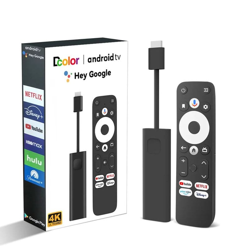 android tv stik 4k sa daljinskim upravljačem i kutijom, logotipi netflix i disney+