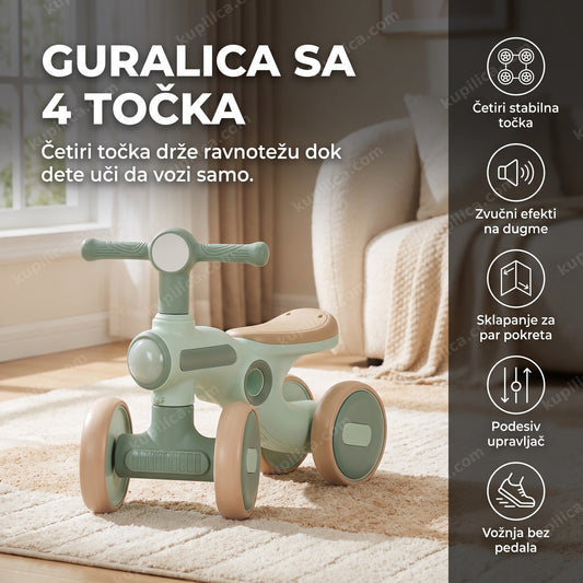 prazna dečija guralica bicikl sa četiri točka u dnevnoj sobi, benefiti proizvoda