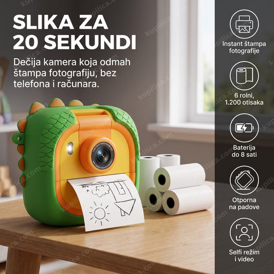 Dečija kamera sa štampačem na stolu izbacuje odštampanu fotografiju, benefiti proizvoda