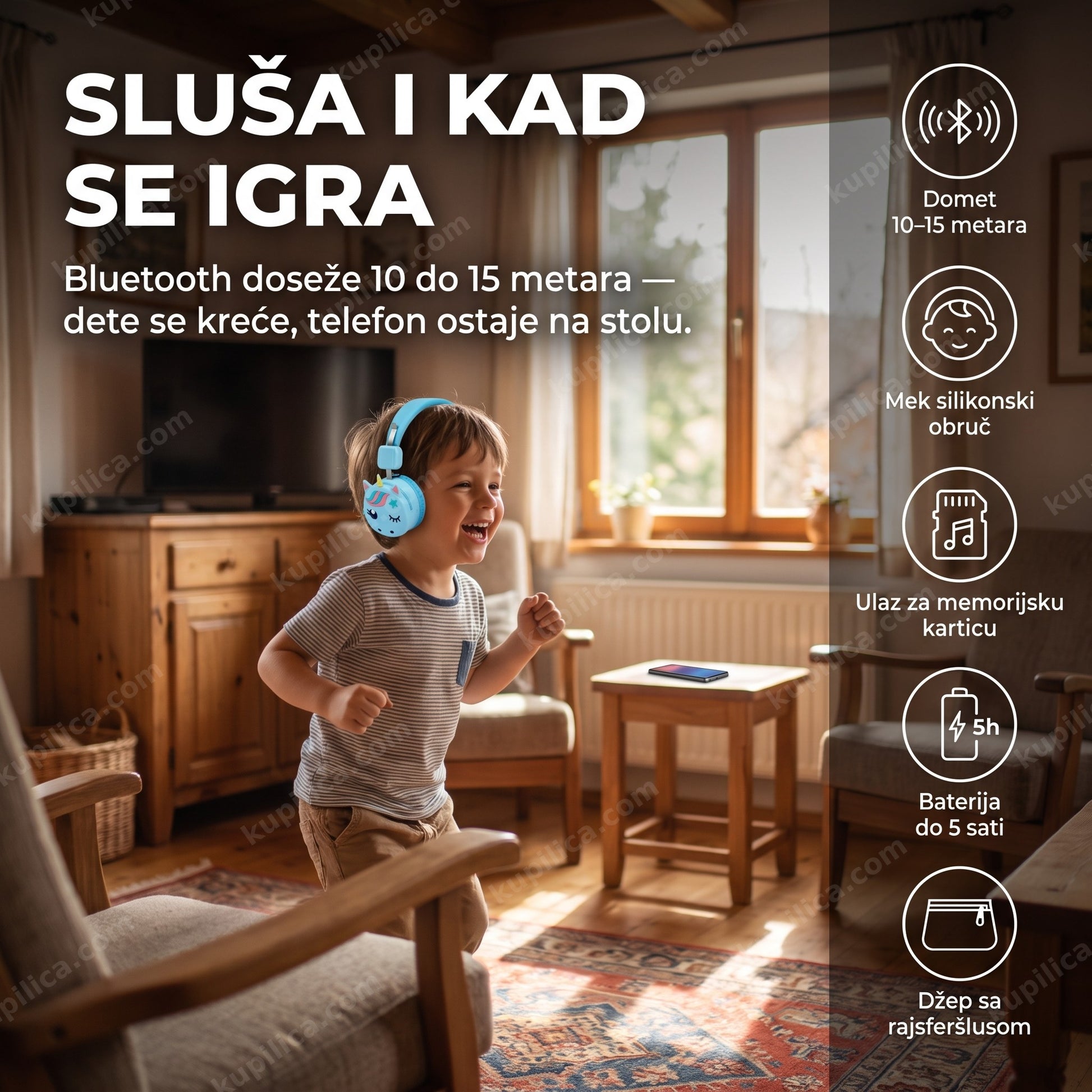 dečije bluetooth slušalice — dete sa ponijem na obruču sluša muziku i igra se, benefiti proizvoda