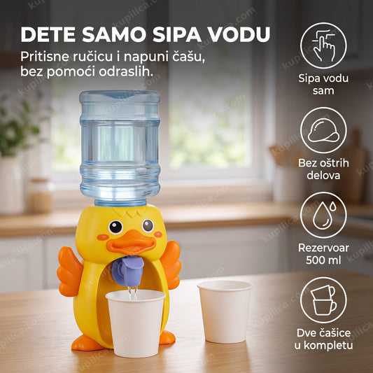 dečiji aparat za vodu u obliku patke puni čašicu na kuhinjskom stolu, benefiti proizvoda