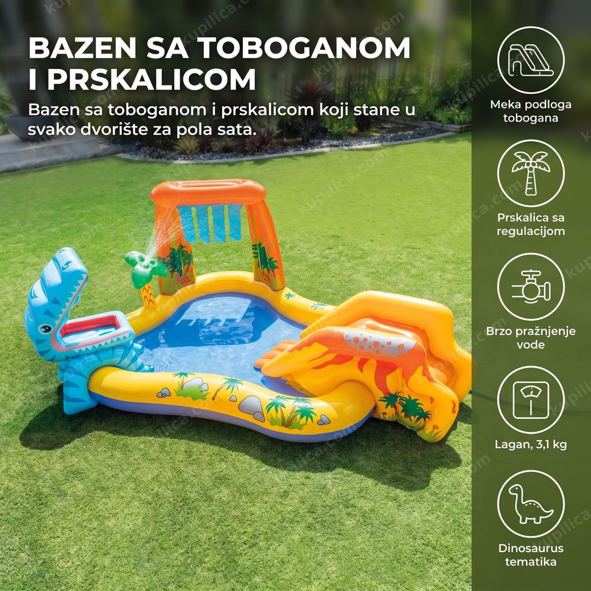 Naduvani dečiji bazen sa toboganom i prskalicom u dvorištu, bez dece