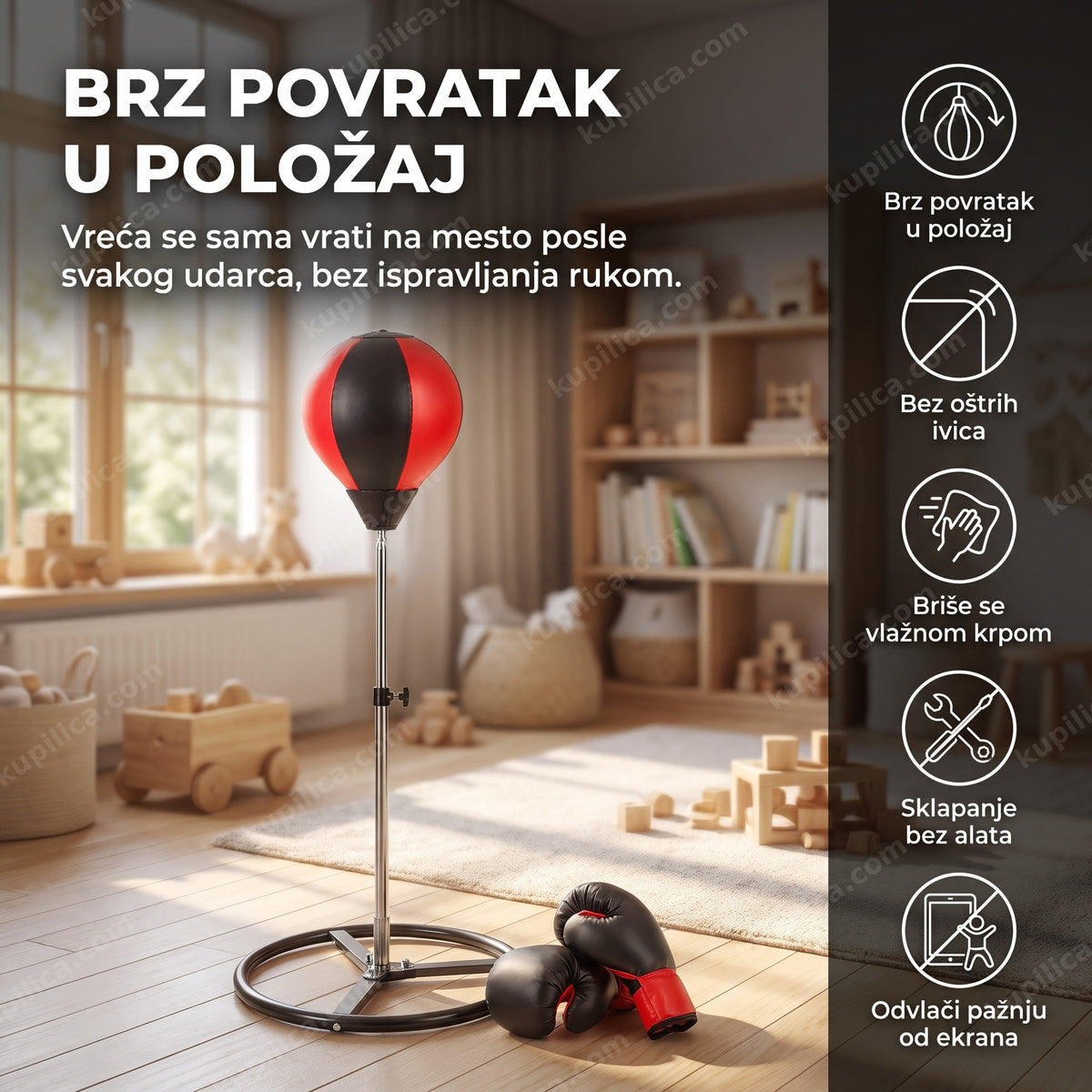 dečiji boks set sa stojećom vrećom i rukavicama u sobi, benefiti proizvoda