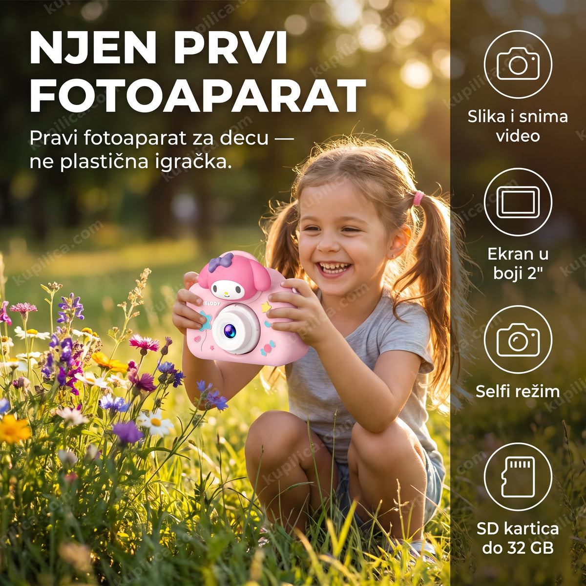 dečiji digitalni fotoaparat melody — devojčica slika u parku, benefiti proizvoda