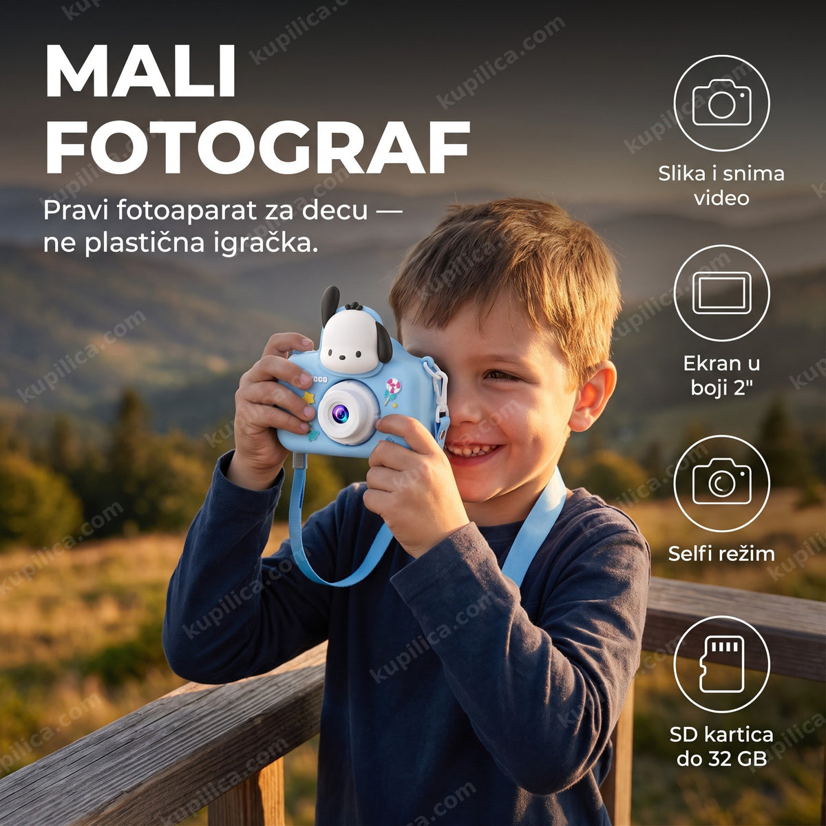 dečiji digitalni fotoaparat pochacco — dečak slika na izletu, benefiti proizvoda