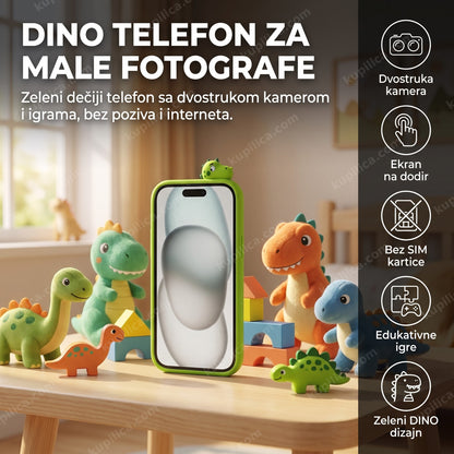 Zeleni dečiji DINO telefon sa kamerom pored igračaka dinosaurusa, benefiti proizvoda