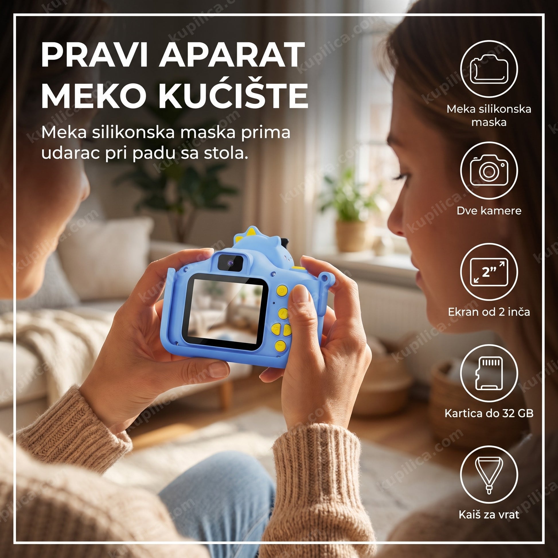 dečiji fotoaparat dinosaurus — ruke drže plavi dečiji fotoaparat i gledaju u ekran, benefiti proizvoda