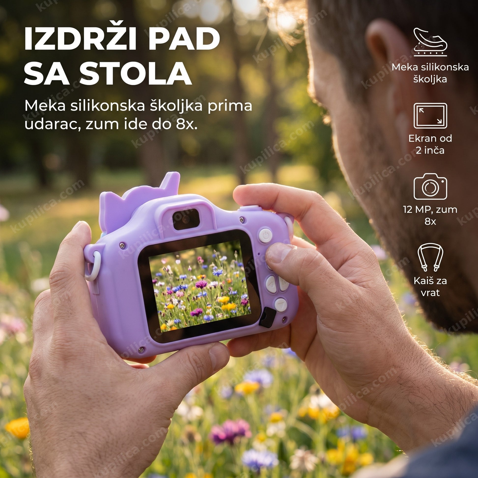 dečiji fotoaparat jednorog ljubičasti — ruke drže ljubičasti fotoaparat i fotografišu cveće u parku, benefiti proizvoda