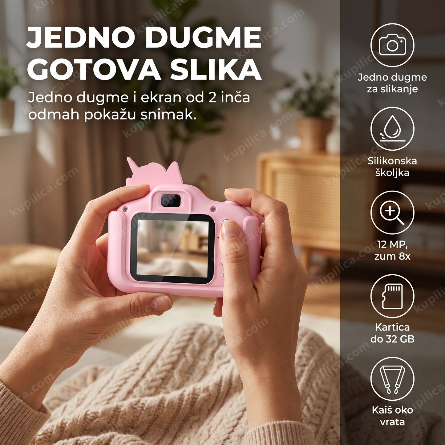 dečiji fotoaparat jednorog roze — ruke drže roze fotoaparat i pritiskaju dugme za slikanje, benefiti proizvoda