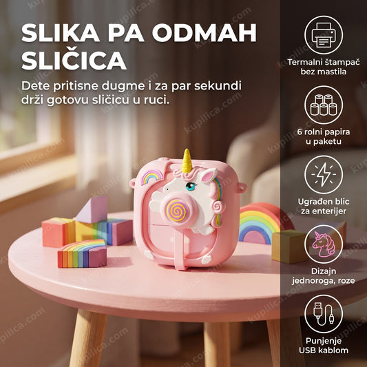 dečiji fotoaparat jednorog sa štampačem na roze stočiću sa kockicama, benefiti proizvoda