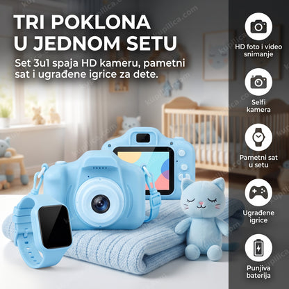plavi dečiji fotoaparat mačka 3u1 sa pametnim satom na stolu