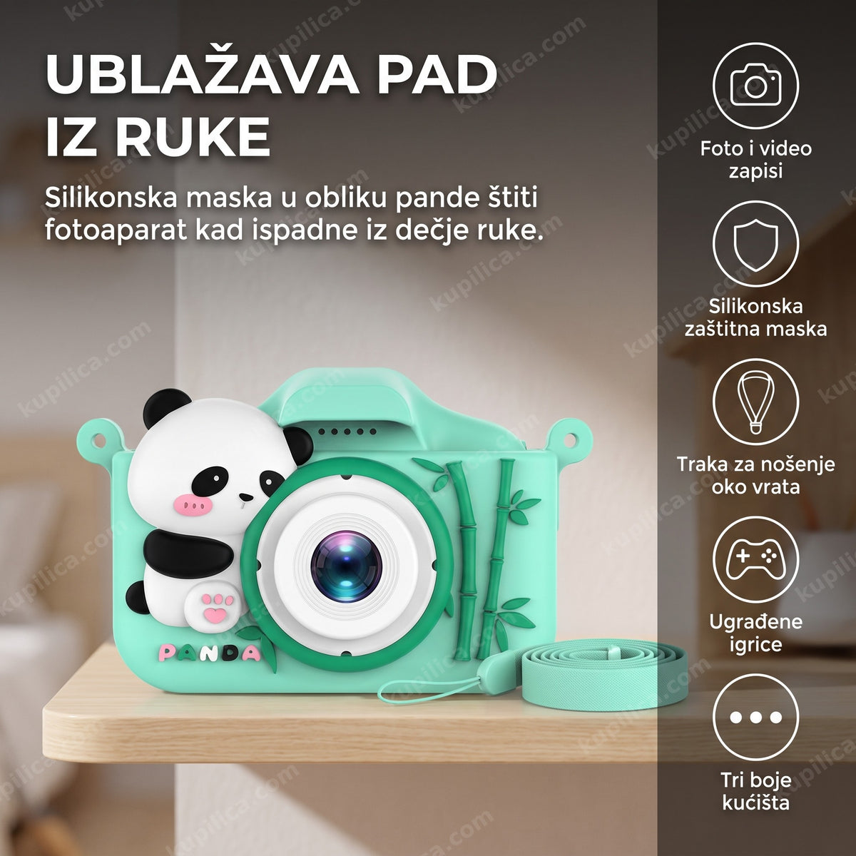 roze, plavi i zeleni dečiji fotoaparat panda sa silikonskom maskom na polici