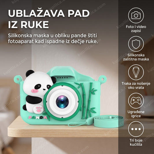 roze, plavi i zeleni dečiji fotoaparat panda sa silikonskom maskom na polici