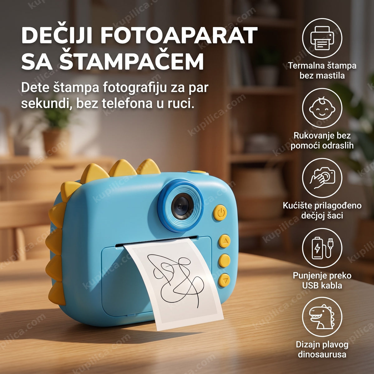 dečiji fotoaparat sa štampačem sam na stolu bez dece, benefiti proizvoda