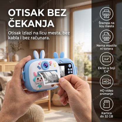 dečiji fotoaparat sa štampačem zeka plavi — ruke drže plavi fotoaparat dok izlazi odštampana slika, benefiti proizvoda