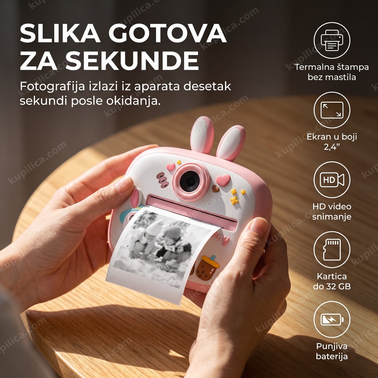 dečiji fotoaparat sa štampačem zeka roze — ruke drže odštampanu sliku pored roze fotoaparata, benefiti proizvoda