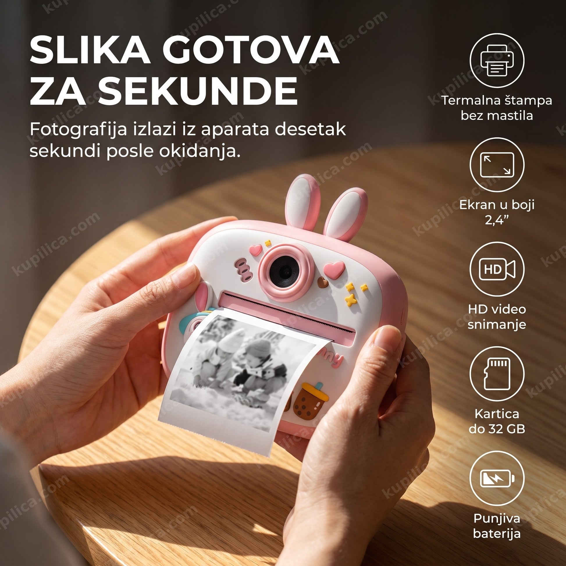 dečiji fotoaparat sa štampačem zeka roze — ruke drže odštampanu sliku pored roze fotoaparata, benefiti proizvoda