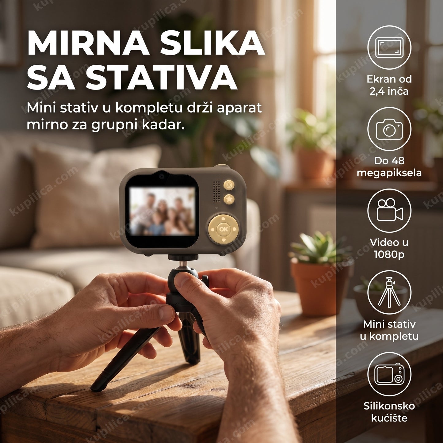 dečiji fotoaparat sa stativom — ruke postavljaju braon fotoaparat na mini stativ na stolu, benefiti proizvoda